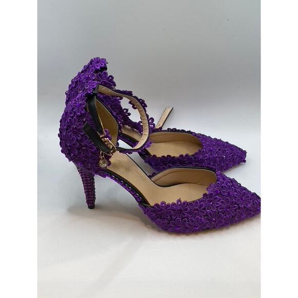 BAOYAFANG Women's Purple Floral Lace Rhinestone Ankle Strap Stiletto Pumps SZ7.5 - Picture 1 of 11